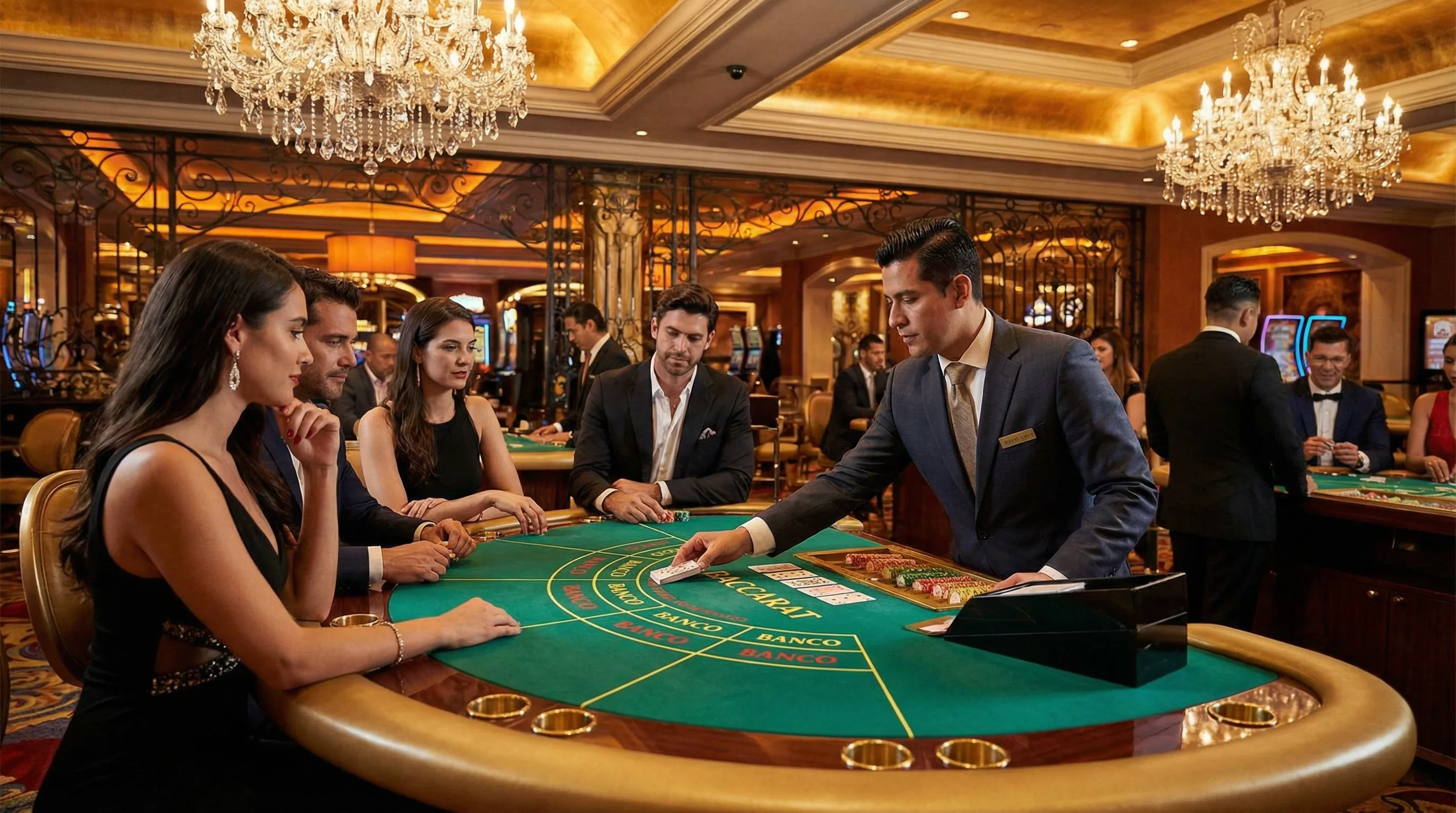 Mesa de bacará elegante con crupier profesional repartiendo cartas